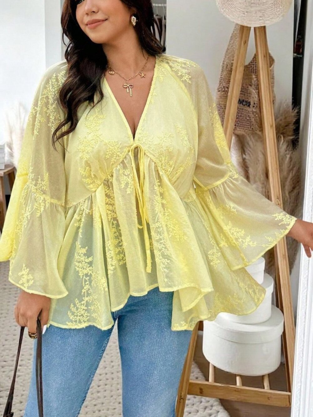 Light Yellow Cute Embroidered Women's Plus Size Flare Sleeve Front Tie Blouse